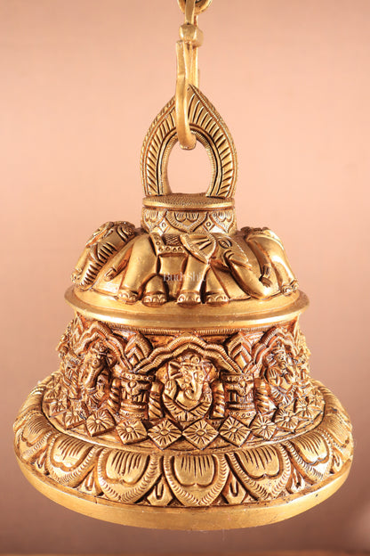 Brass Superfine Ashta Vinayaka Ganesha Hanging Temple Bell with Elephant Carvings