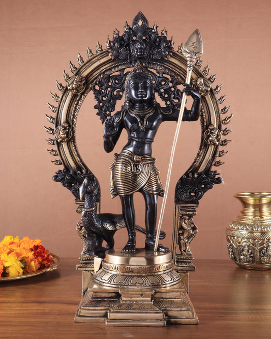 Pure Brass Lord Murugan Statue with Peacock and Prabhavali black finish