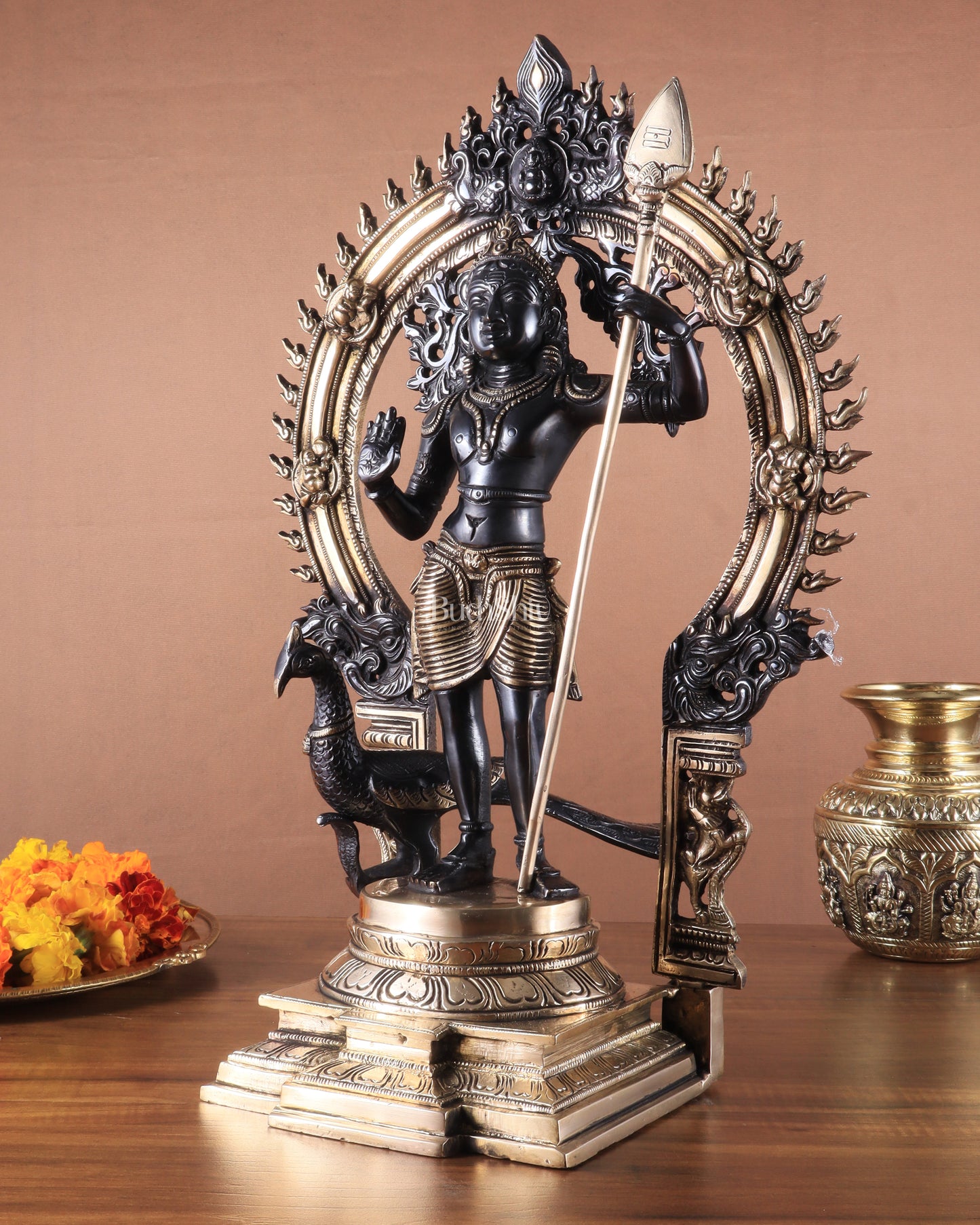 Pure Brass Lord Murugan Statue with Peacock and Prabhavali black finish