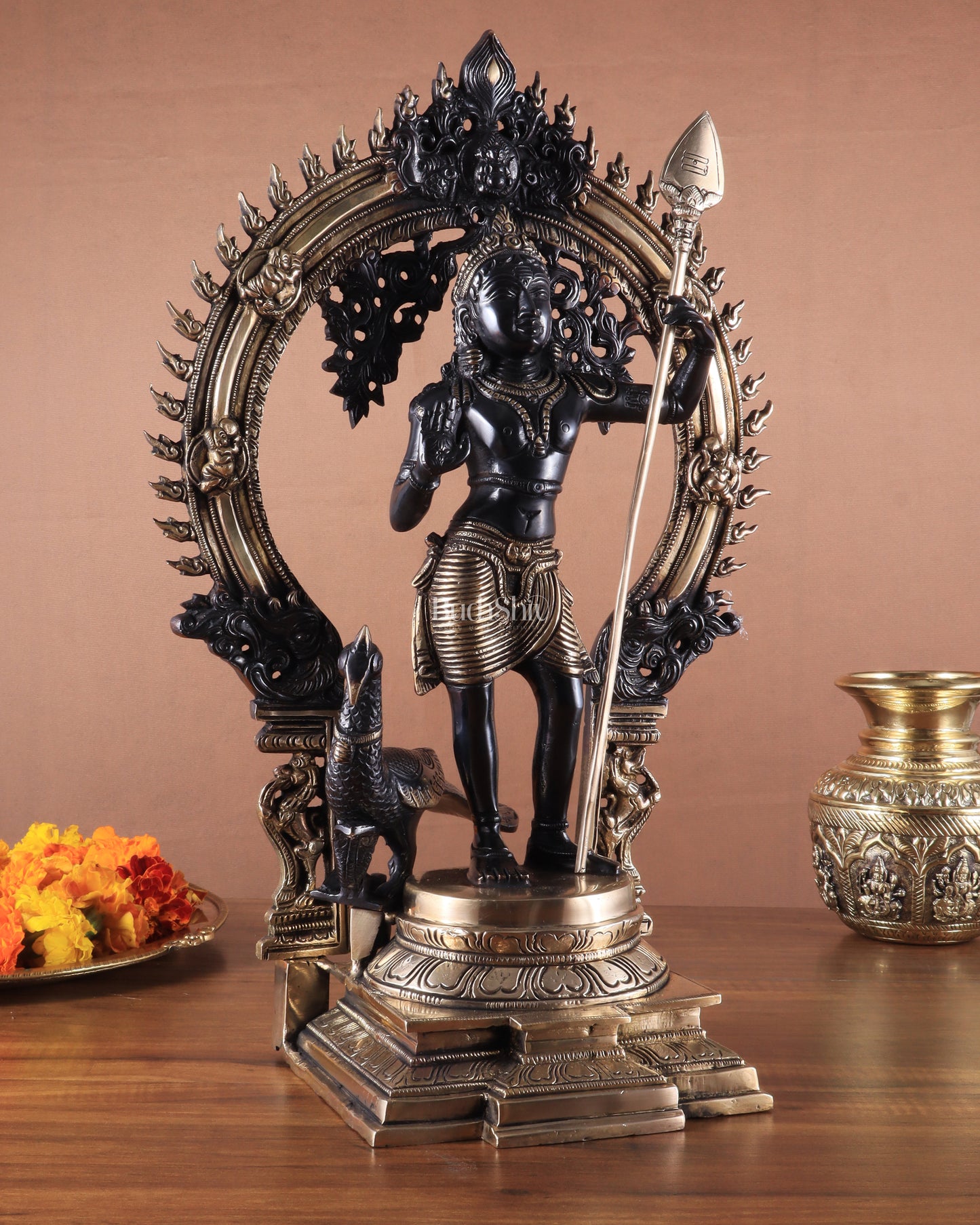 Pure Brass Lord Murugan Statue with Peacock and Prabhavali black finish