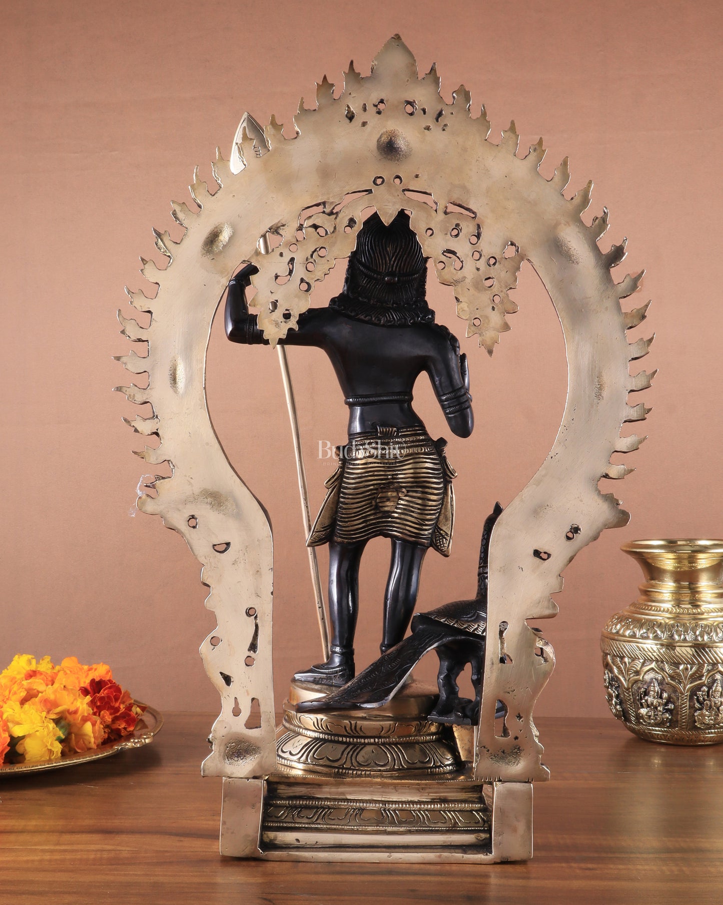 Pure Brass Lord Murugan Statue with Peacock and Prabhavali black finish