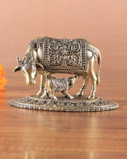 Kamdhenu Cow with Calf | 5" Wide Intricate Superfine Brass Idol