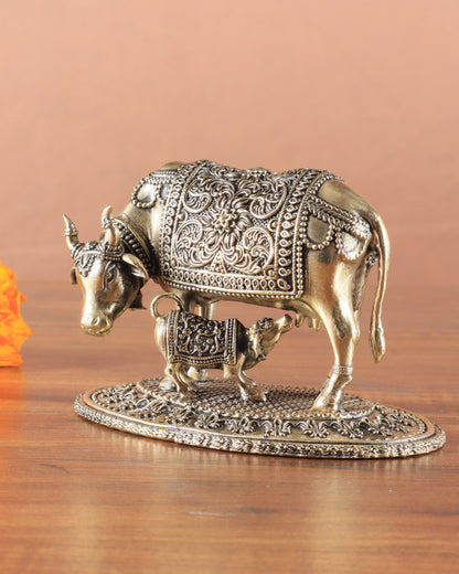 Kamdhenu Cow with Calf | 5" Wide Intricate Superfine Brass Idol