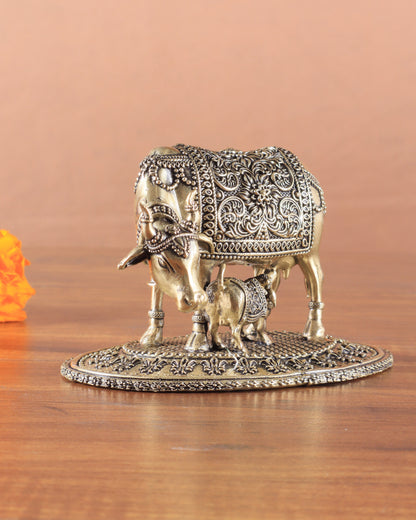 Kamdhenu Cow with Calf | 5" Wide Intricate Superfine Brass Idol