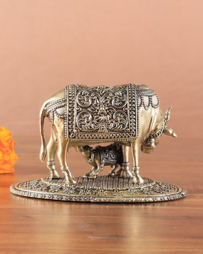 Kamdhenu Cow with Calf | 5" Wide Intricate Superfine Brass Idol