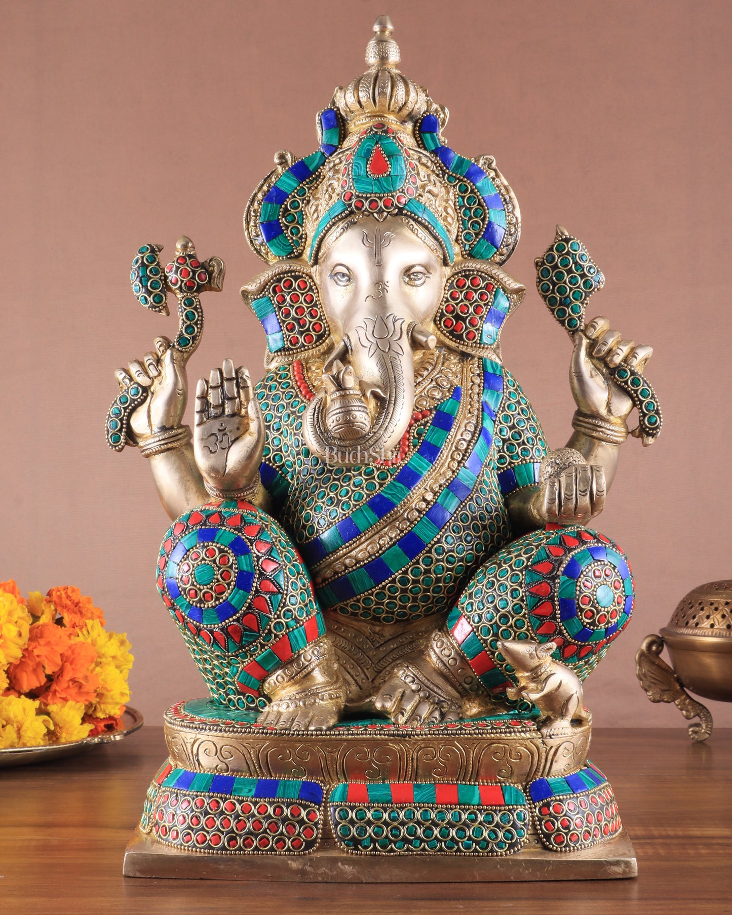 Brass Ganapati Idol Glossy – Handcrafted with Right-Side Trunk, 16" meenakari