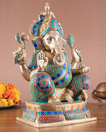 Brass Ganapati Idol Glossy – Handcrafted with Right-Side Trunk, 16" meenakari