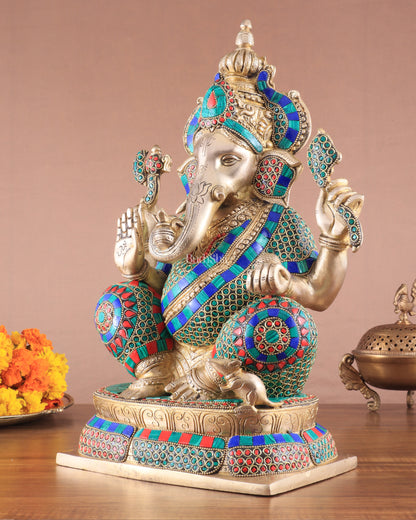 Brass Ganapati Idol Glossy – Handcrafted with Right-Side Trunk, 16" meenakari