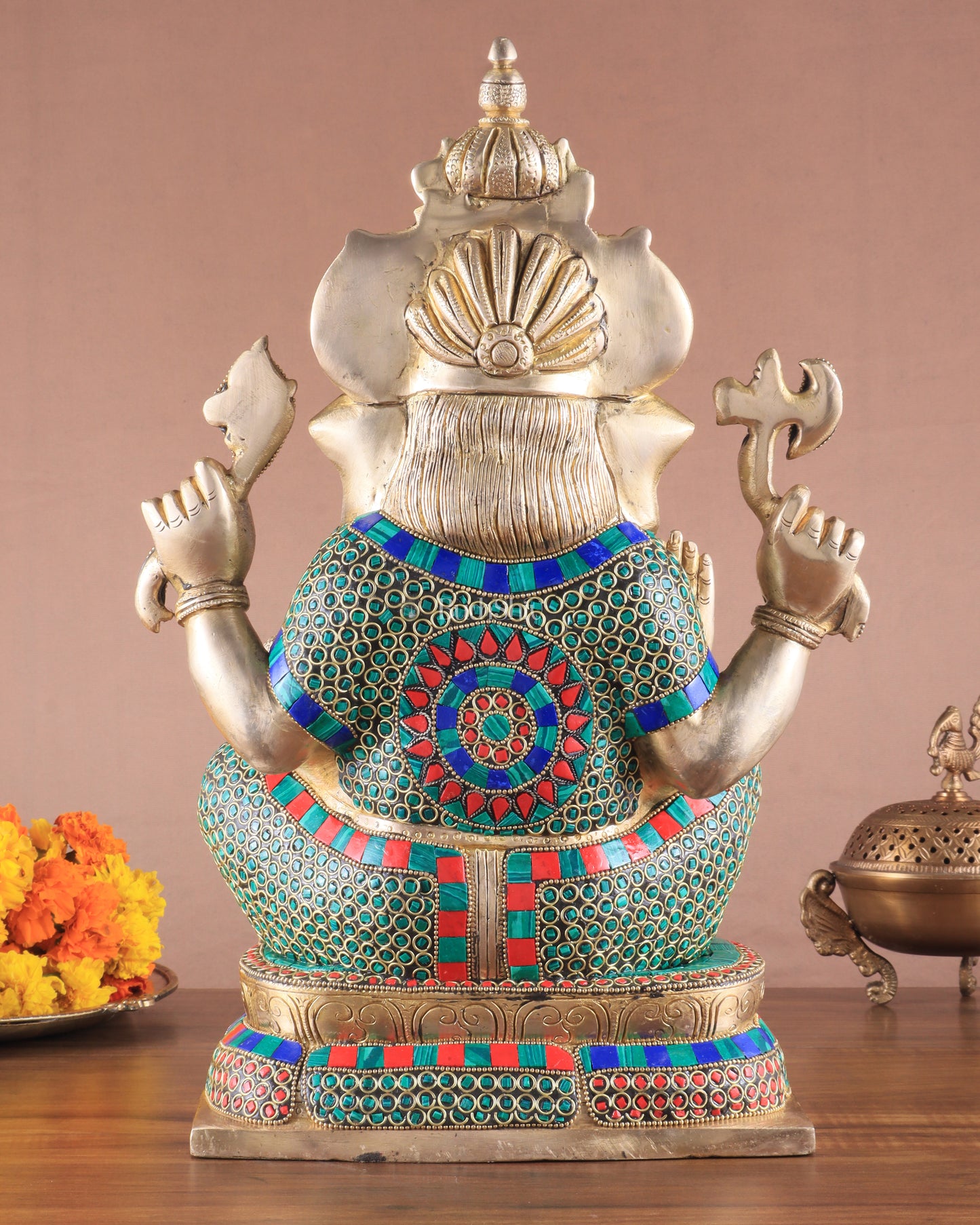 Brass Ganapati Idol Glossy – Handcrafted with Right-Side Trunk, 16" meenakari