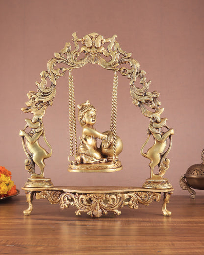 Pure Brass Baby Krishna as Bal Gopal Makhan Chor on an Elegant Kirtimukha Swing 18"