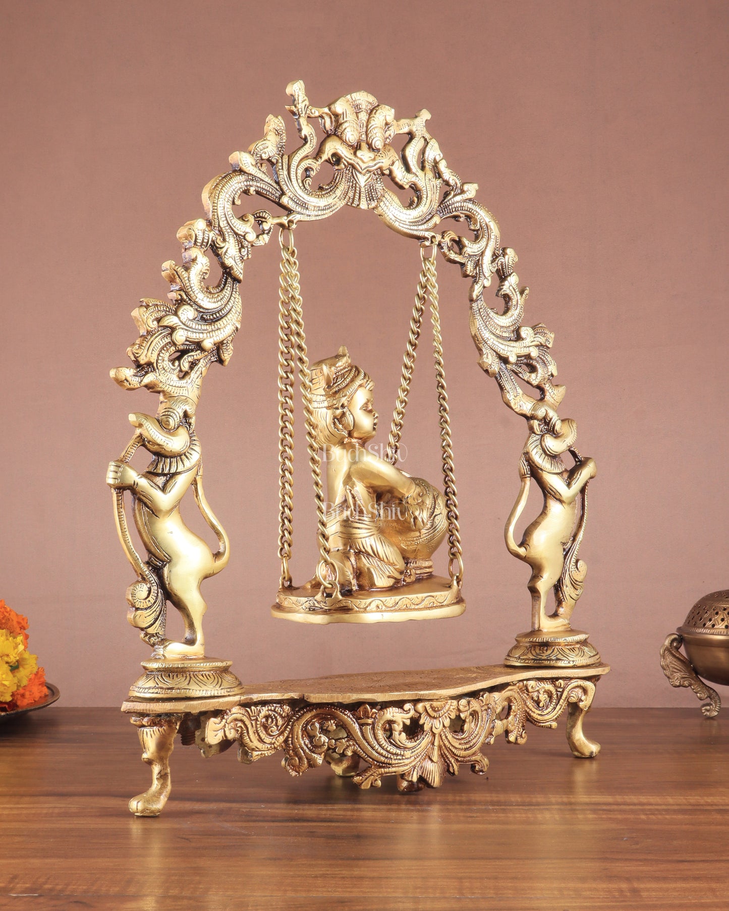 Pure Brass Baby Krishna as Bal Gopal Makhan Chor on an Elegant Kirtimukha Swing 18"