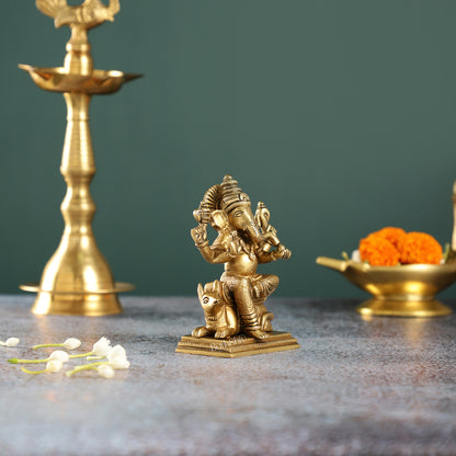 Brass Ganesha sitting on mouse idol 5"