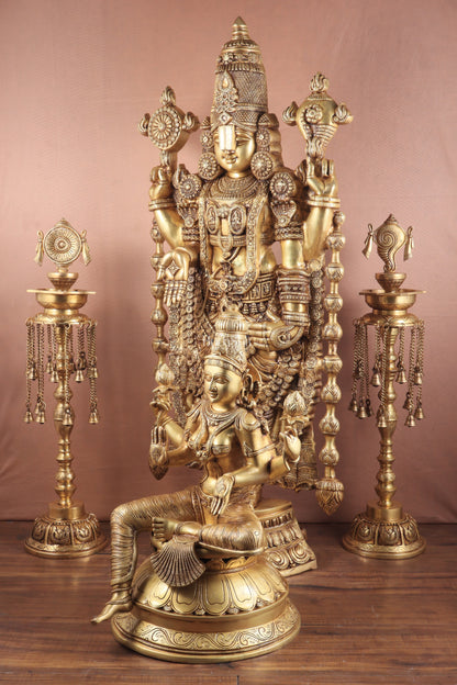 Majestic Pair of Pure Brass Tirupati Balaji & Goddess Lakshmi Statues