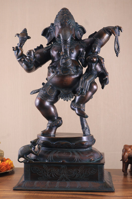 Pure Brass Dancing Ganesha with Siddhi on Lap – Maha Ganapati Chola Style Sculpture 29"