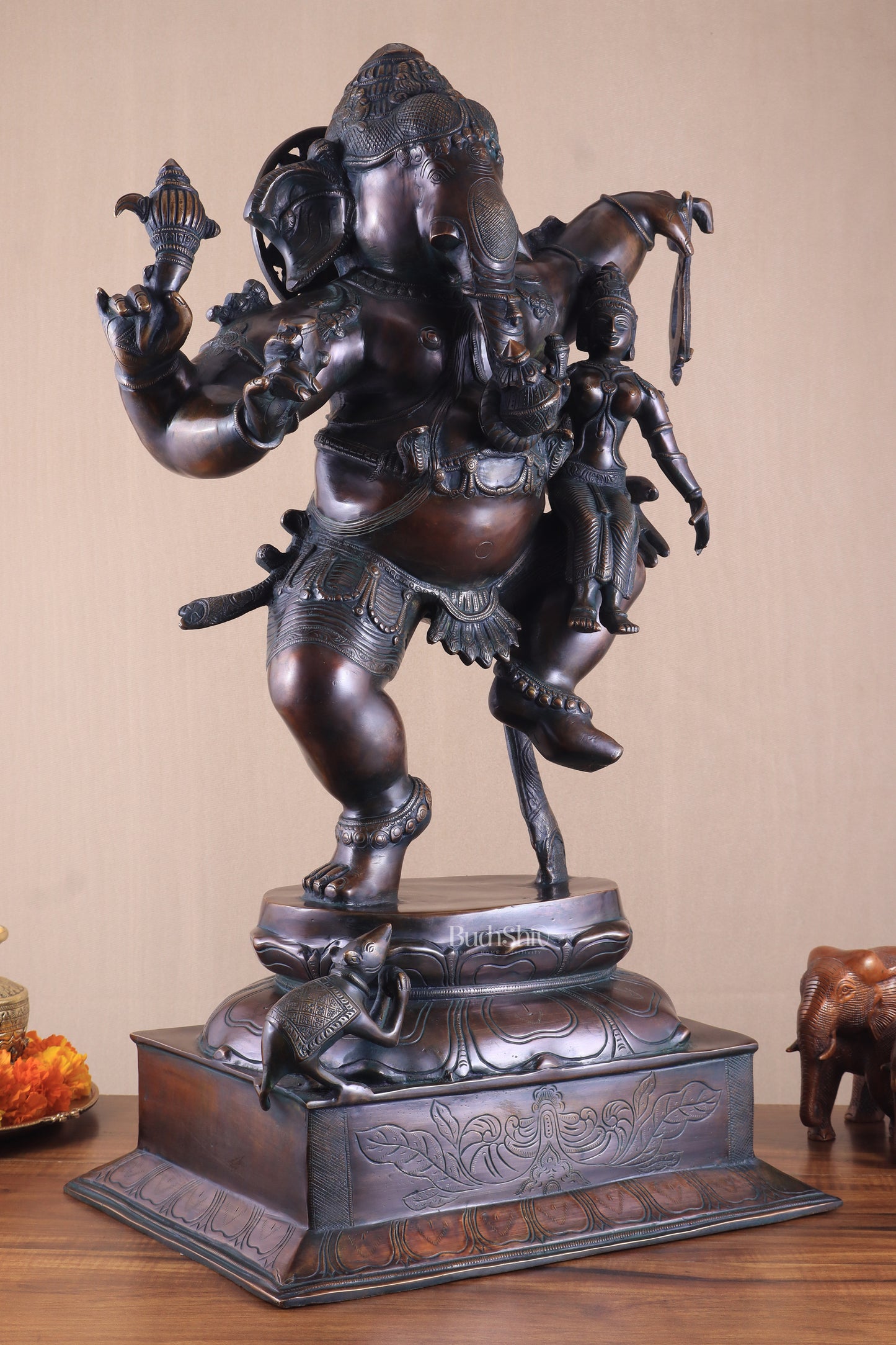 Pure Brass Dancing Ganesha with Siddhi on Lap – Maha Ganapati Chola Style Sculpture 29"