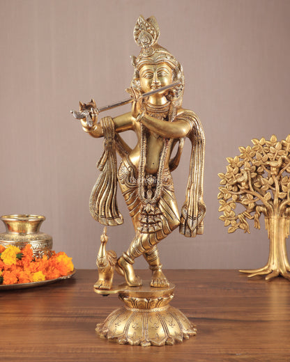 Lord Krishna Standing on a Lotus Base – Pure Brass Unique Sculpture 19"