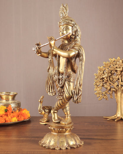 Lord Krishna Standing on a Lotus Base – Pure Brass Unique Sculpture 19"