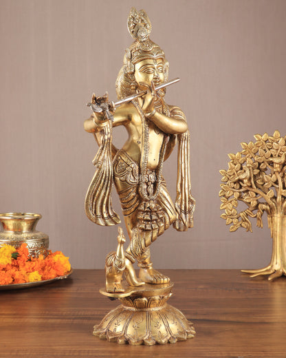 Lord Krishna Standing on a Lotus Base – Pure Brass Unique Sculpture 19"