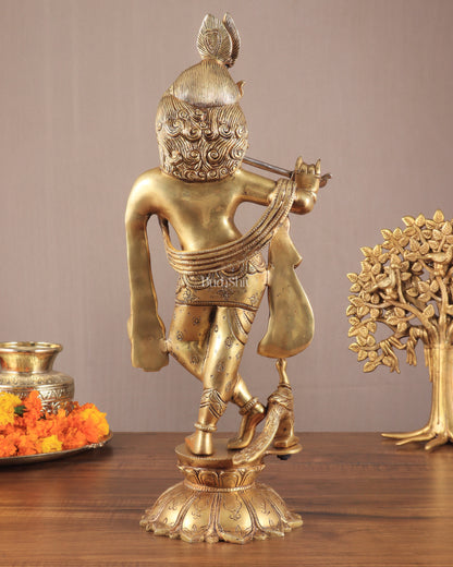 Lord Krishna Standing on a Lotus Base – Pure Brass Unique Sculpture 19"