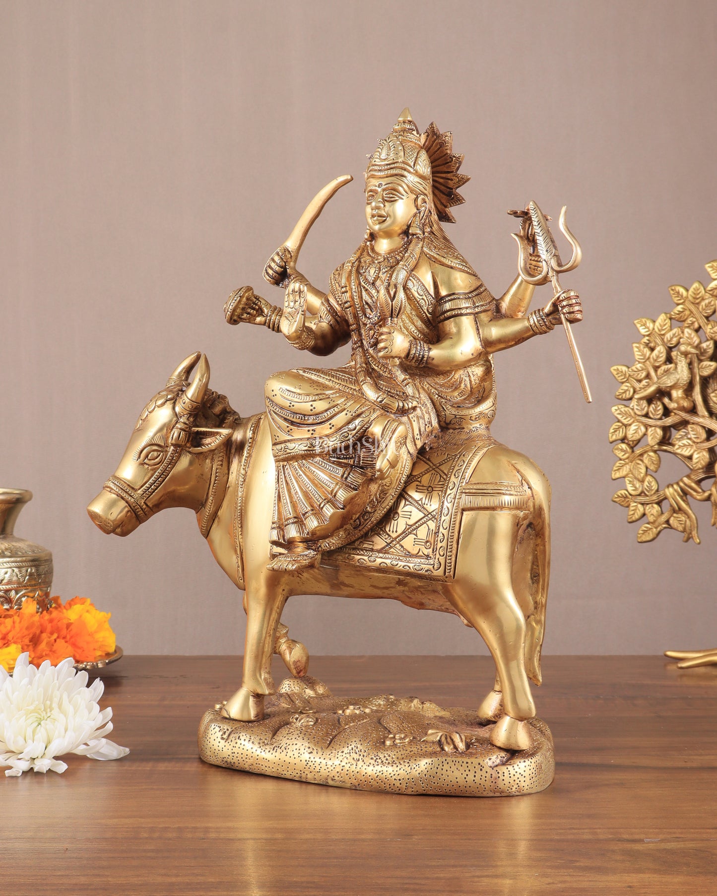 Brass Goddess Umiya Mata Seated on Cow Statue 13.5"