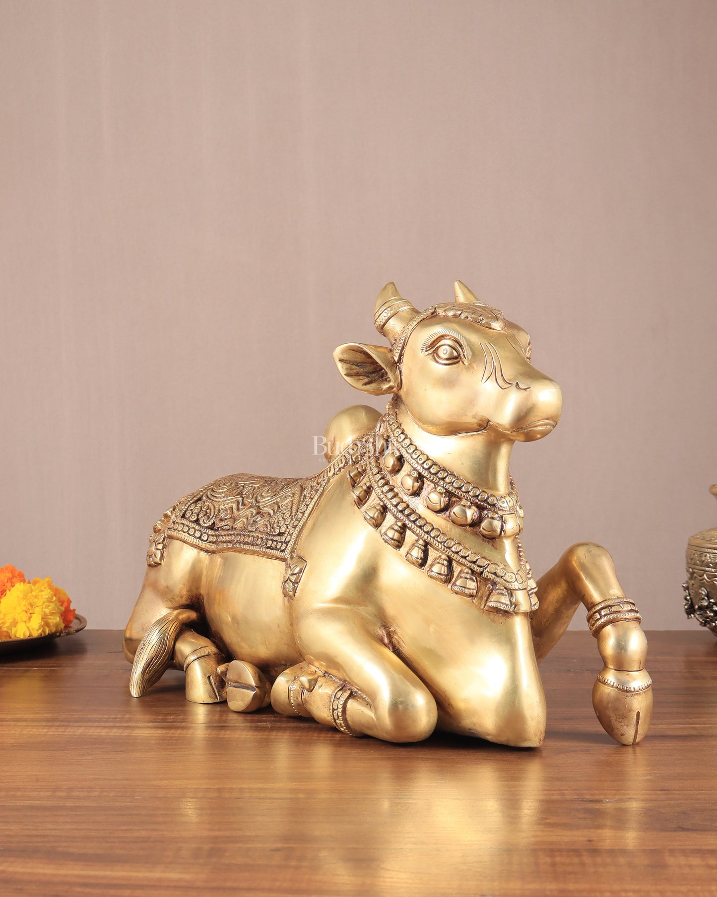 Brass Superfine Nandi Sculpture with Enhanced Carvings 18"