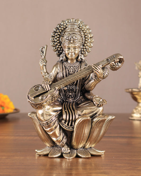 Superfine Brass Saraswati Idol - 6" Tall, Intricate Detailing