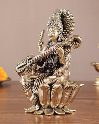 Superfine Brass Saraswati Idol - 6" Tall, Intricate Detailing