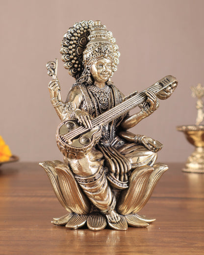 Superfine Brass Saraswati Idol - 6" Tall, Intricate Detailing