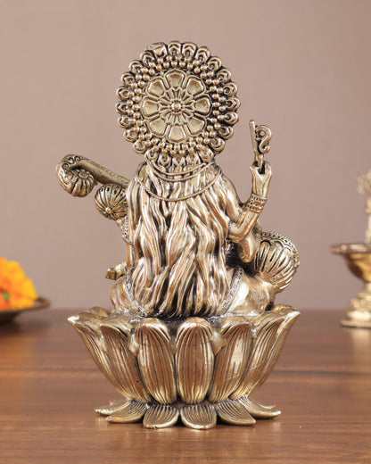 Superfine Brass Saraswati Idol - 6" Tall, Intricate Detailing