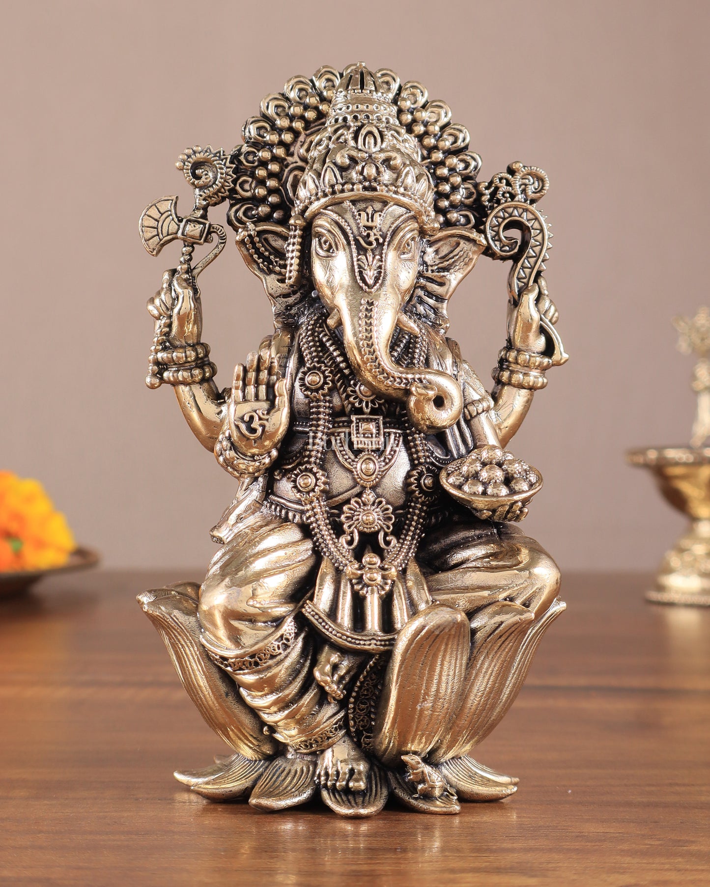 Brass Superfine Ganesh Idol - 6 Inch lotus base