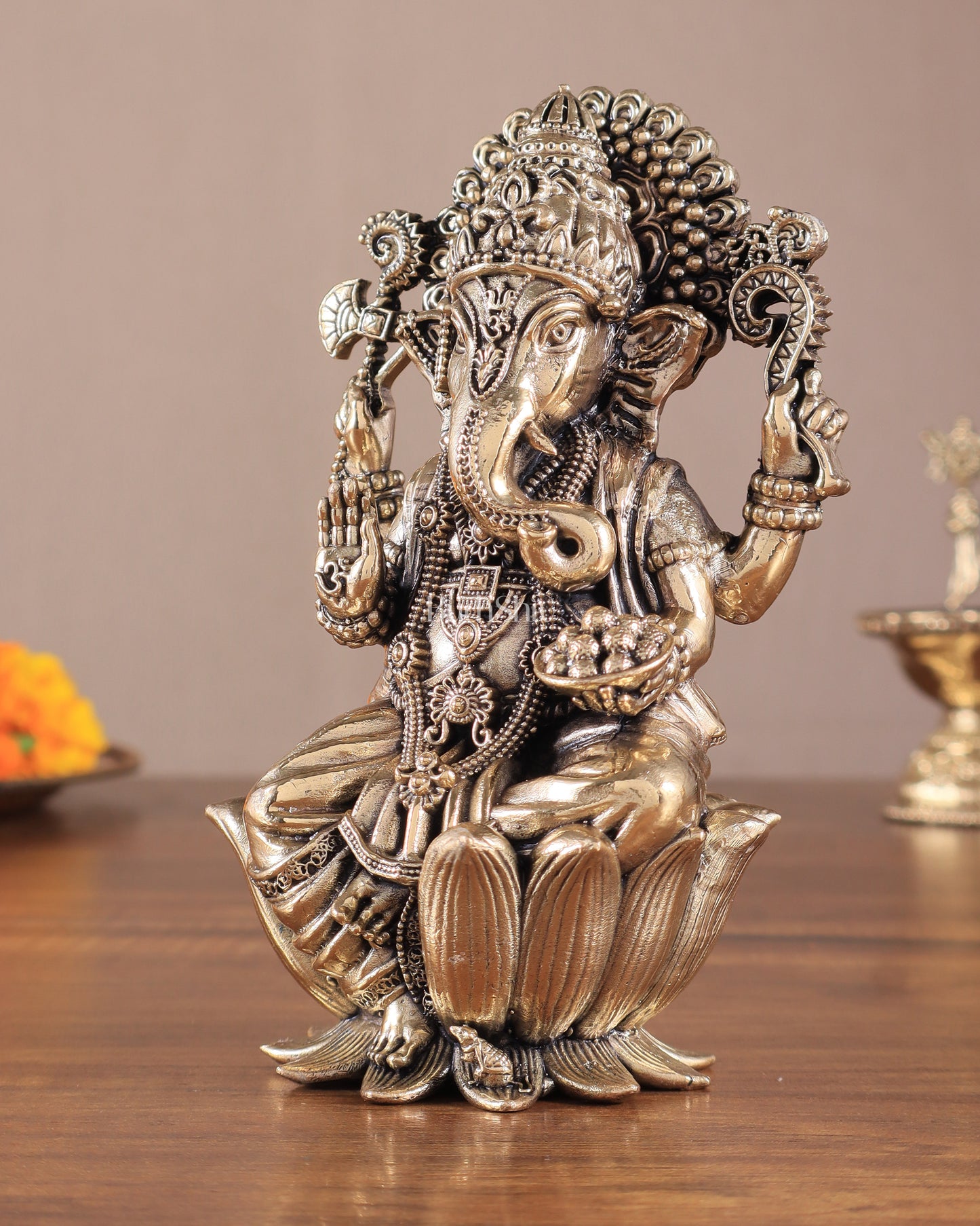 Brass Superfine Ganesh Idol - 6 Inch lotus base