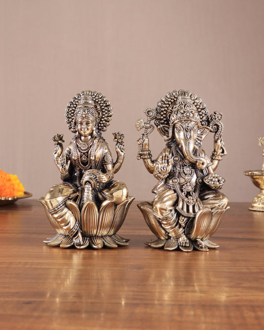 Brass Superfine Lord Ganesha & Goddess Lakshmi Pair – Intricately Carved 6"