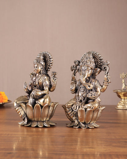 Brass Superfine Lord Ganesha & Goddess Lakshmi Pair – Intricately Carved 6"