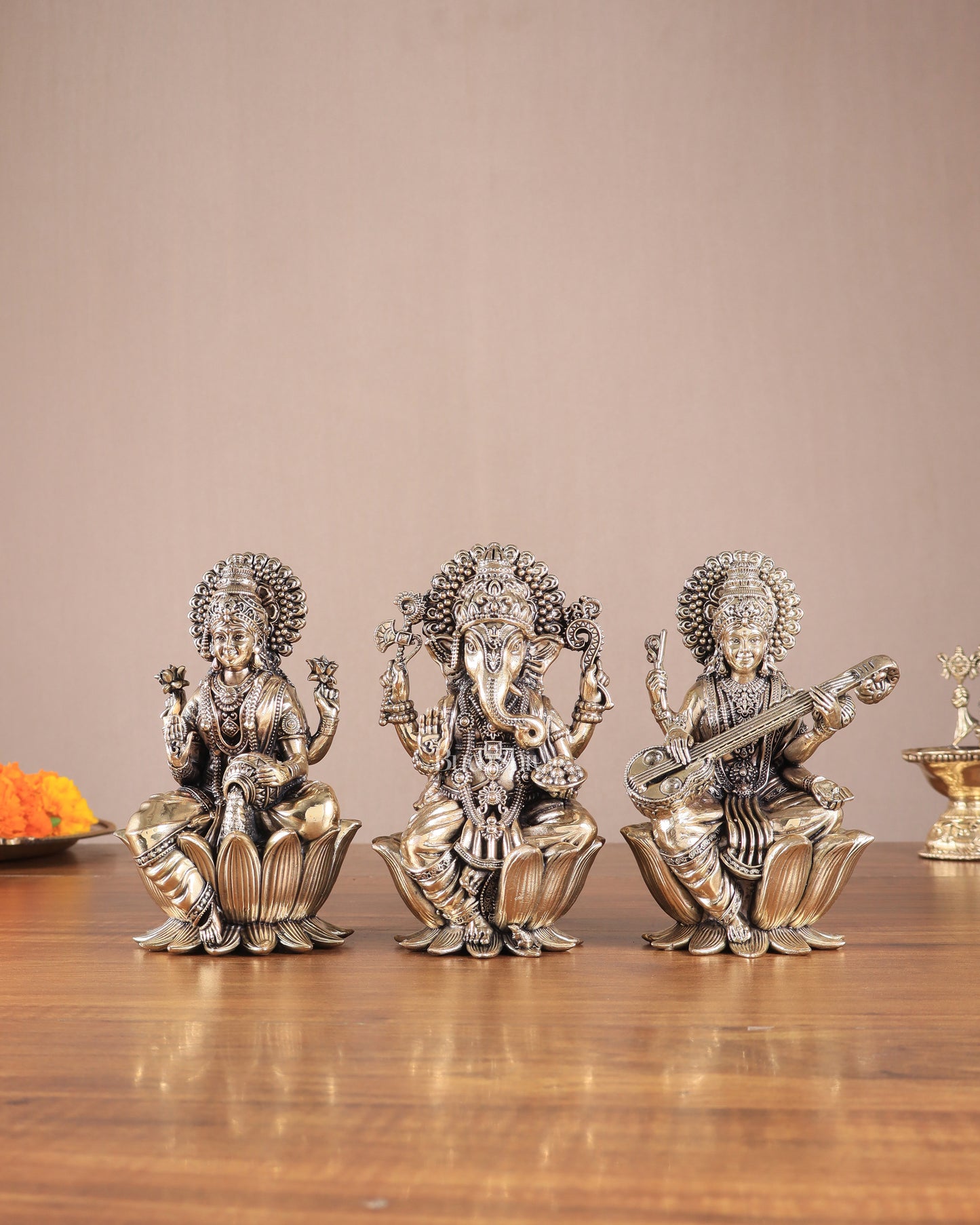 Superfine Brass Ganesh Lakshmi Saraswati Idols - 6" Tall, Set of 3