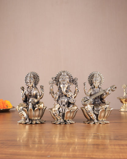 Superfine Brass Ganesh Lakshmi Saraswati Idols - 6" Tall, Set of 3