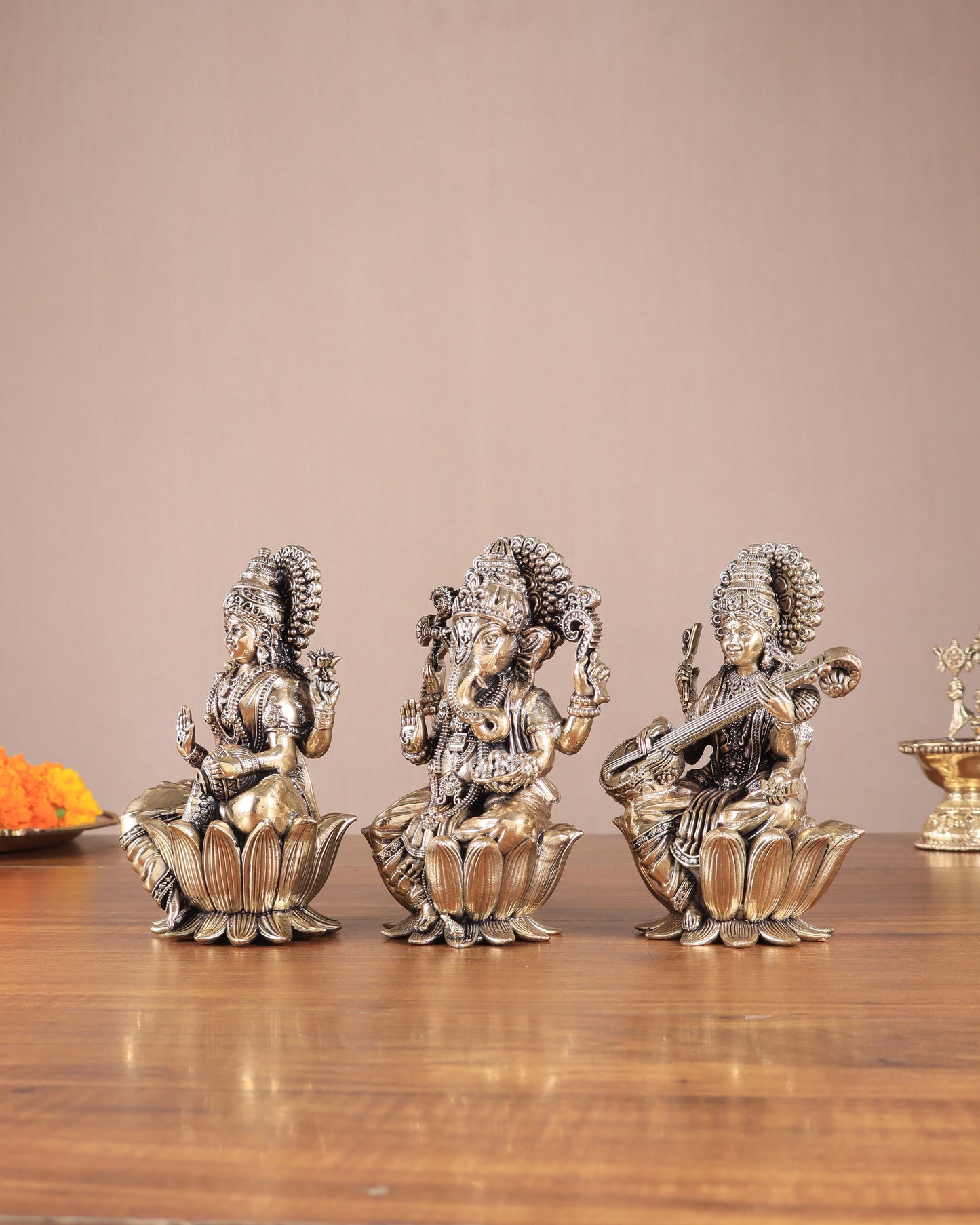 Superfine Brass Ganesh Lakshmi Saraswati Idols - 6" Tall, Set of 3