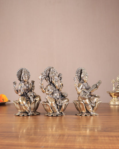 Superfine Brass Ganesh Lakshmi Saraswati Idols - 6" Tall, Set of 3