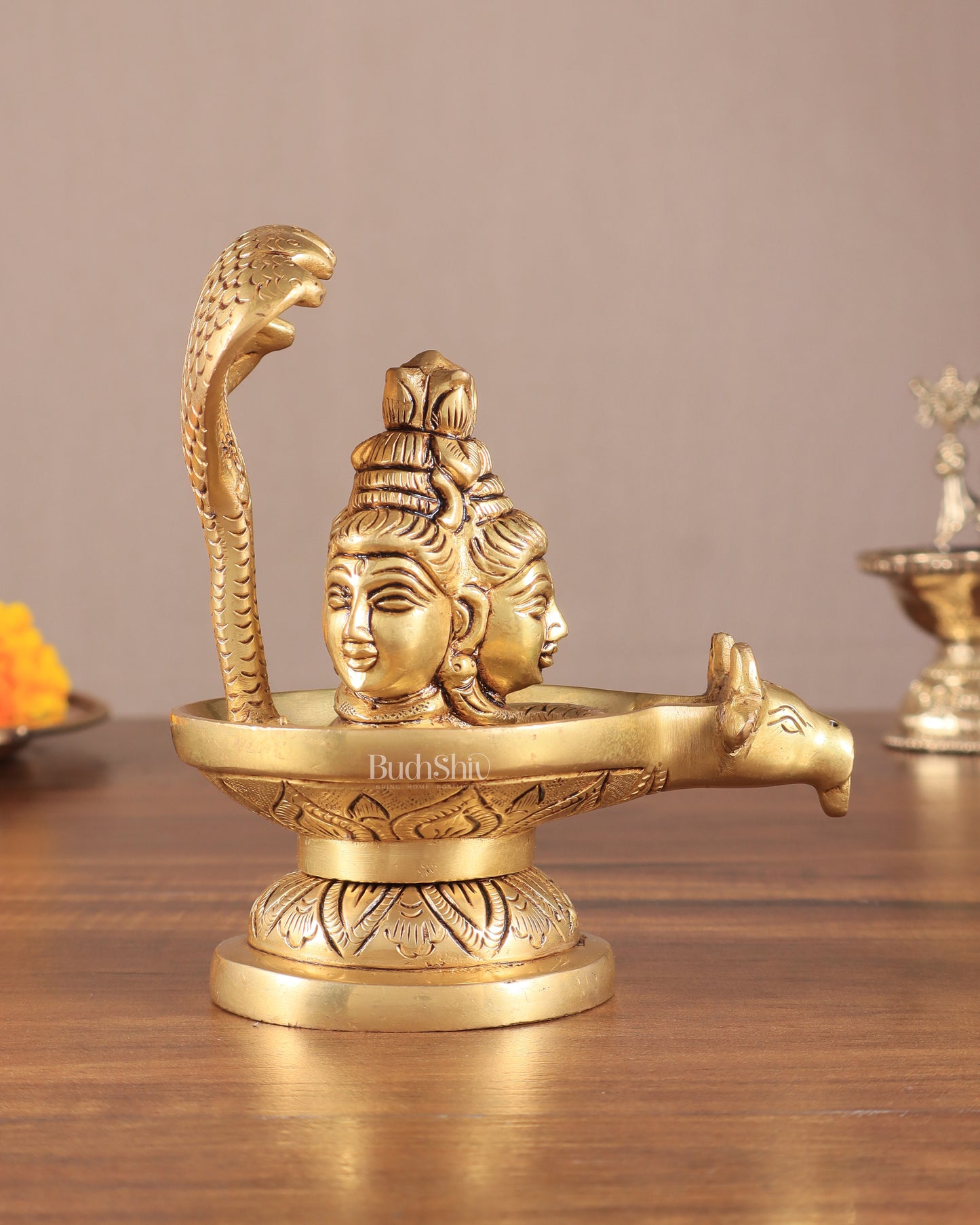 Brass Shiva Lingam with Shiva Faces | 5.5" Height | Spiritual Fusion