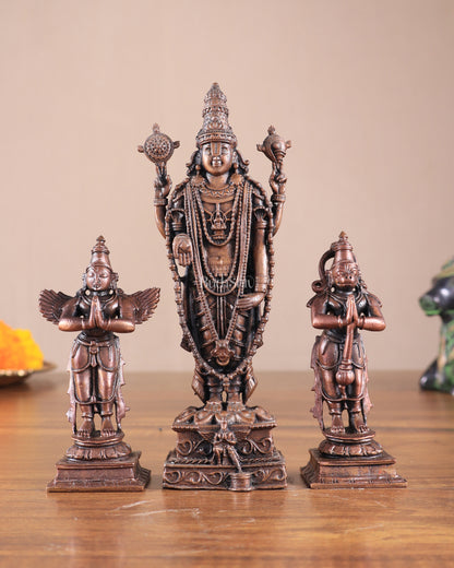 Pure Copper Tirupati Balaji with Hanuman & Garuda Idol Set 6.5"