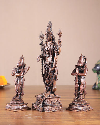 Pure Copper Tirupati Balaji with Hanuman & Garuda Idol Set 6.5"