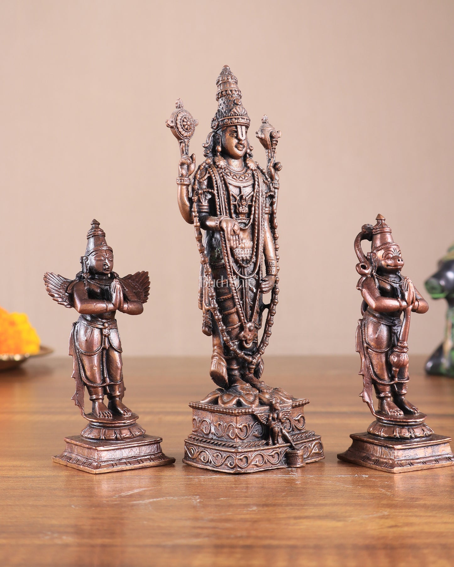 Pure Copper Tirupati Balaji with Hanuman & Garuda Idol Set 6.5"