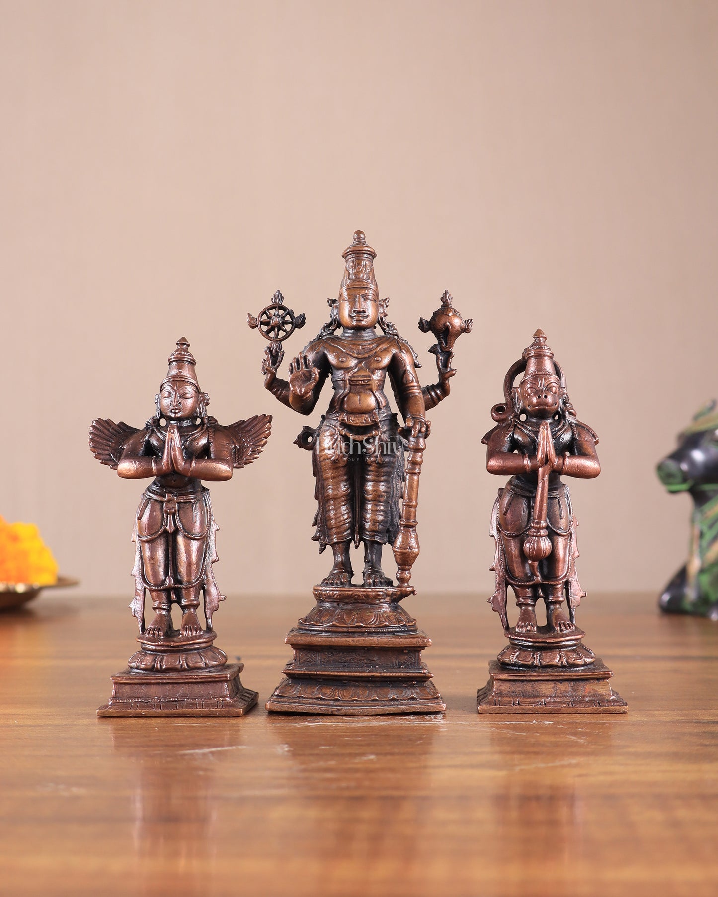 Pure Copper Lord Vishnu with Hanuman & Garuda Idol Set 5.5"