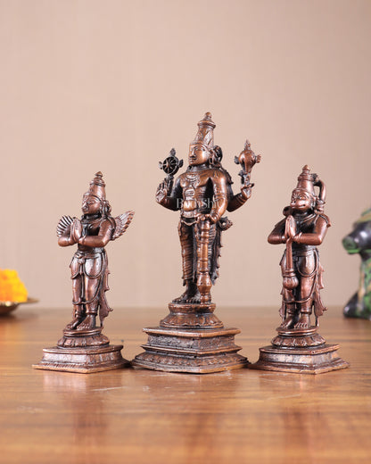 Pure Copper Lord Vishnu with Hanuman & Garuda Idol Set 5.5"