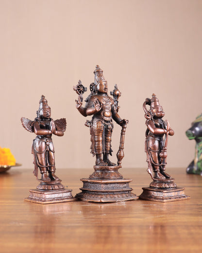 Pure Copper Lord Vishnu with Hanuman & Garuda Idol Set 5.5"