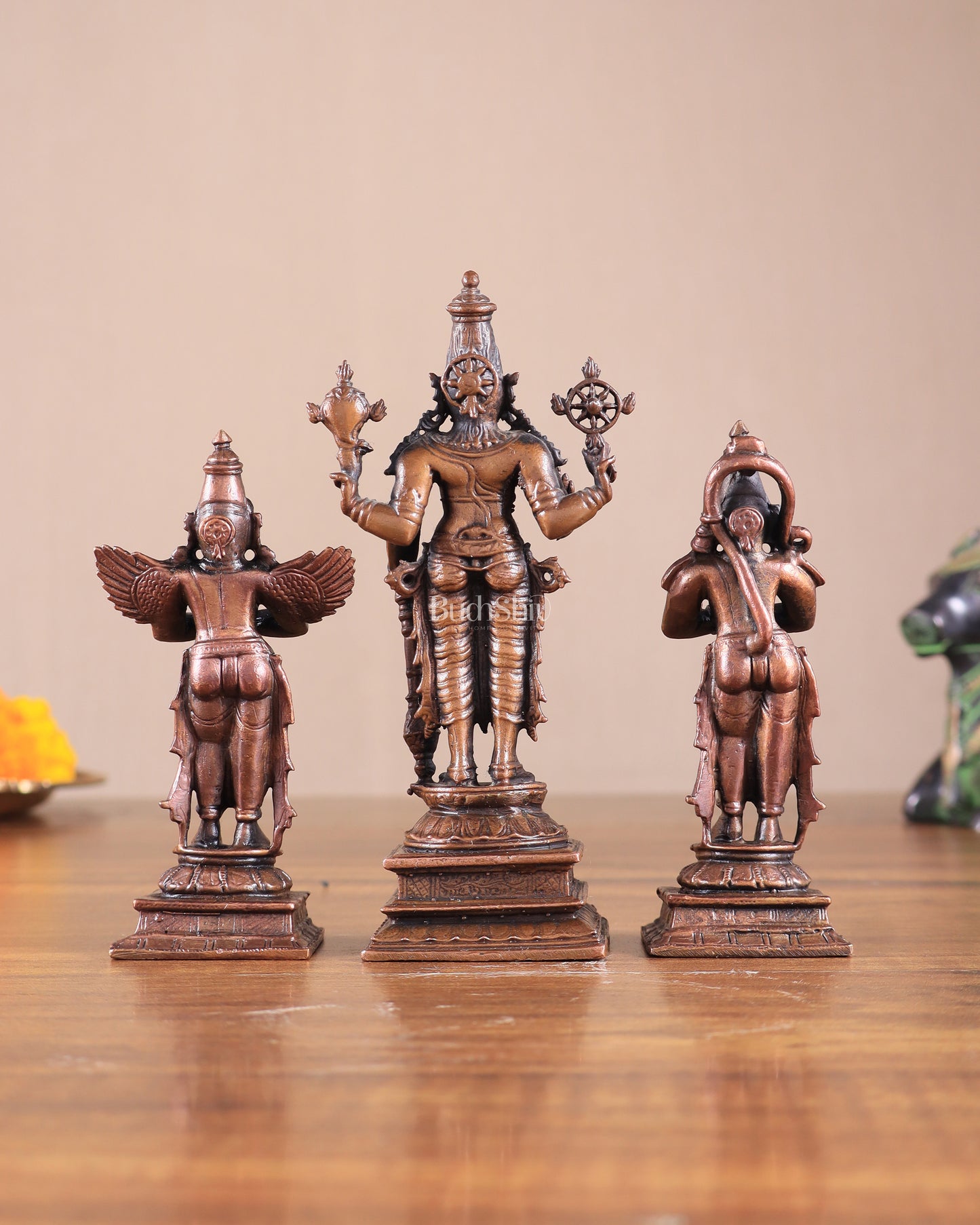 Pure Copper Lord Vishnu with Hanuman & Garuda Idol Set 5.5"