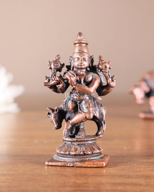 Pure Copper Miniature Lord Krishna with Cow Idol 2"