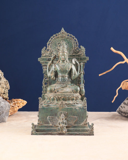 Indonesian Bronze Lord Vishnu Seated on a Throne with Garuda Sculpture 12"