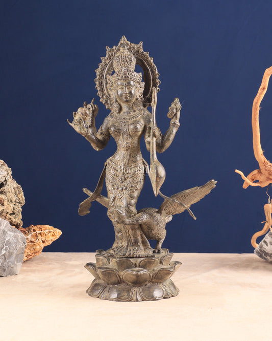 Vintage Indonesian Bronze Goddess Saraswati with Swan Sculpture 14"