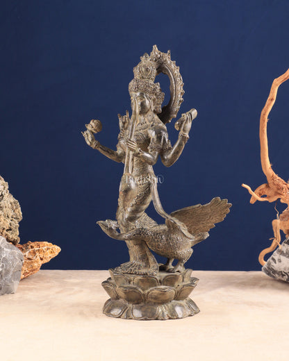 Vintage Indonesian Bronze Goddess Saraswati with Swan Sculpture 14"