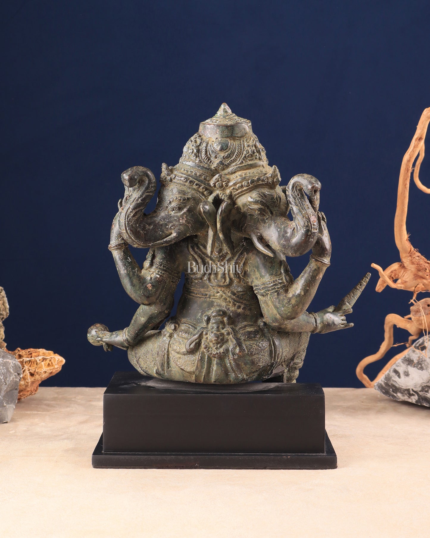 Vintage Indonesian Bronze Three-Faced Lord Ganesha Statue 12"